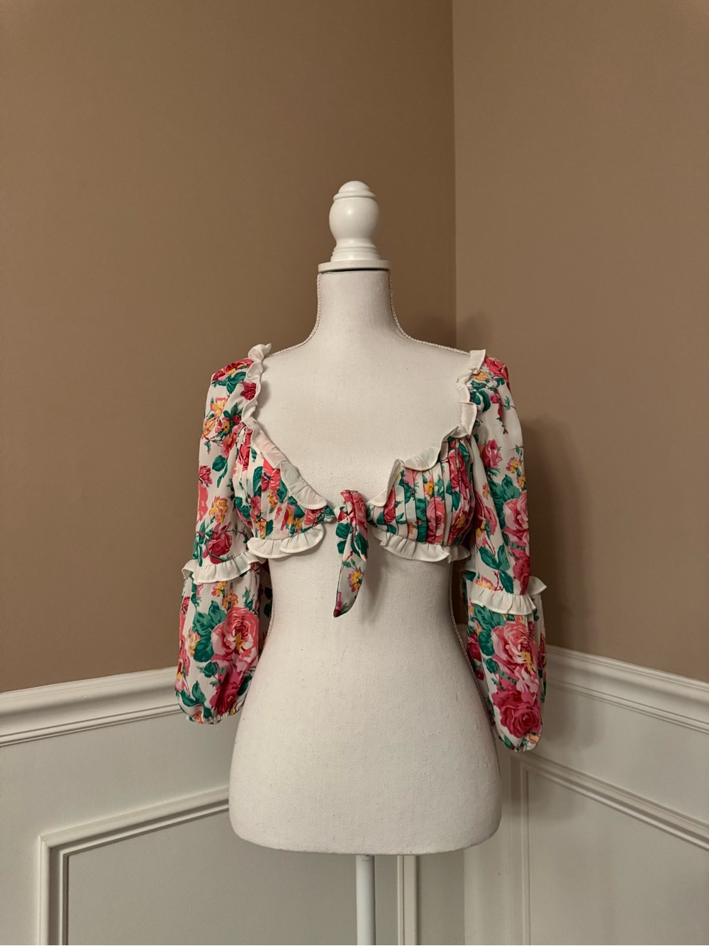 For Love And Lemons Cream Floral Tie-Front Crop Top with Pink and Green Roses